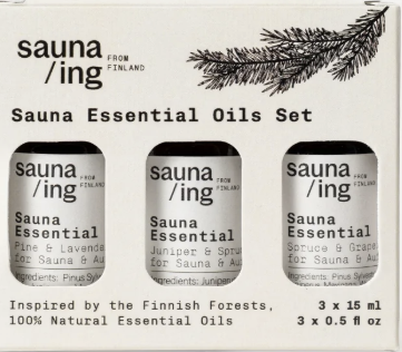 Sauna/ing essential oils gift box containing three 15 ml bottles