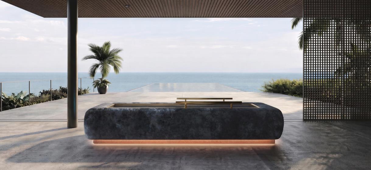 Driifloat Signature dry flotation bed with dark upholstery and metallic arms in a terrace setting